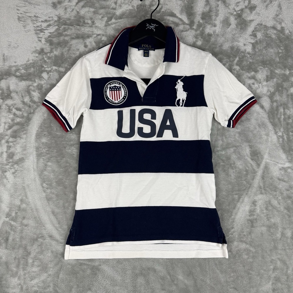 Polo Ralph Lauren Short Sleeve Rugby Shirt Striped Patch Big Pony Youth Boys Med
